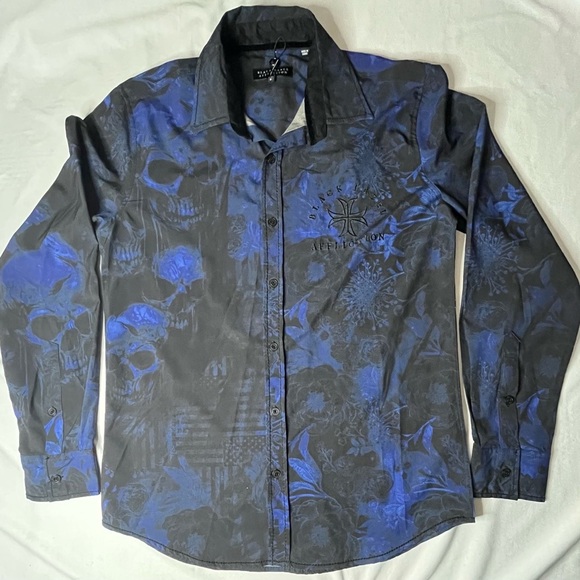 Affliction Blue and Black Skull Pattern Shirt - Picture 1 of 12